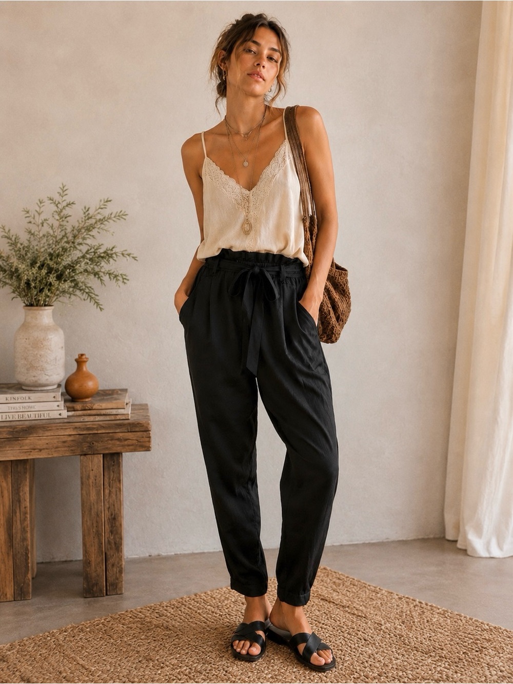 Missguided Black Satin Paperbag Waist Tie Tapered Ankle Pants Women Size 8